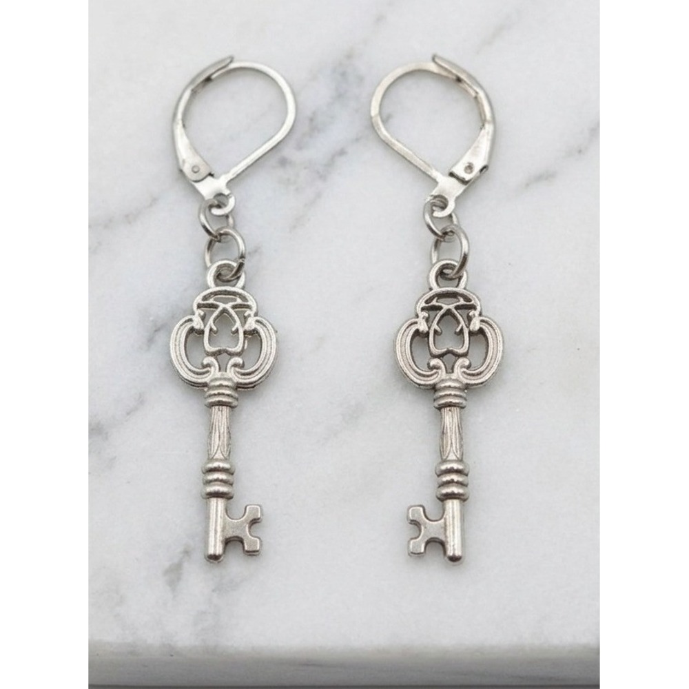Handmade Earrings Silver Tone Whimsical Skeleton Key Stainless Steel Leverback